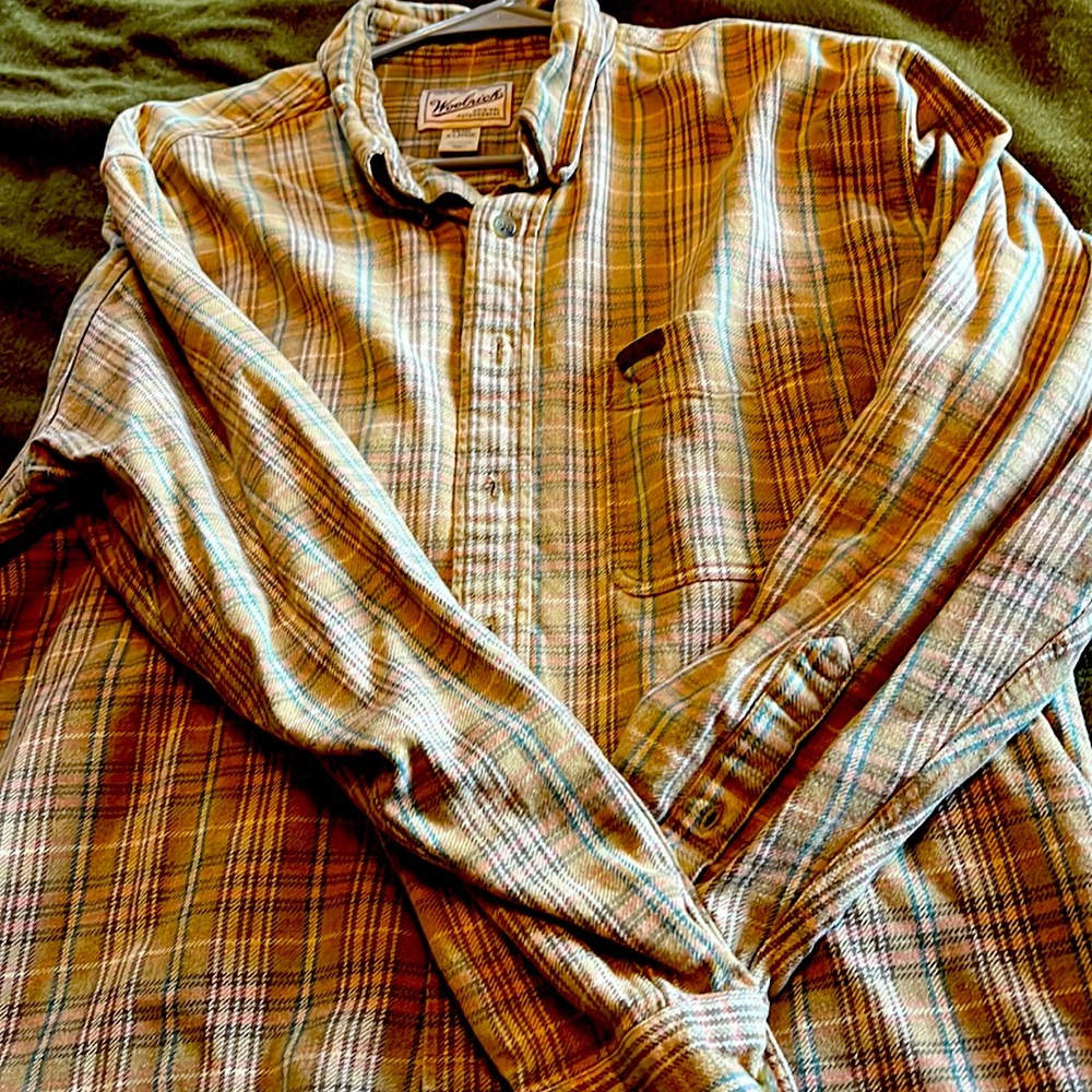 Woolrich flannel shirt. Tan, salmon with turquoise plaid XL.